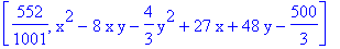 [552/1001, x^2-8*x*y-4/3*y^2+27*x+48*y-500/3]